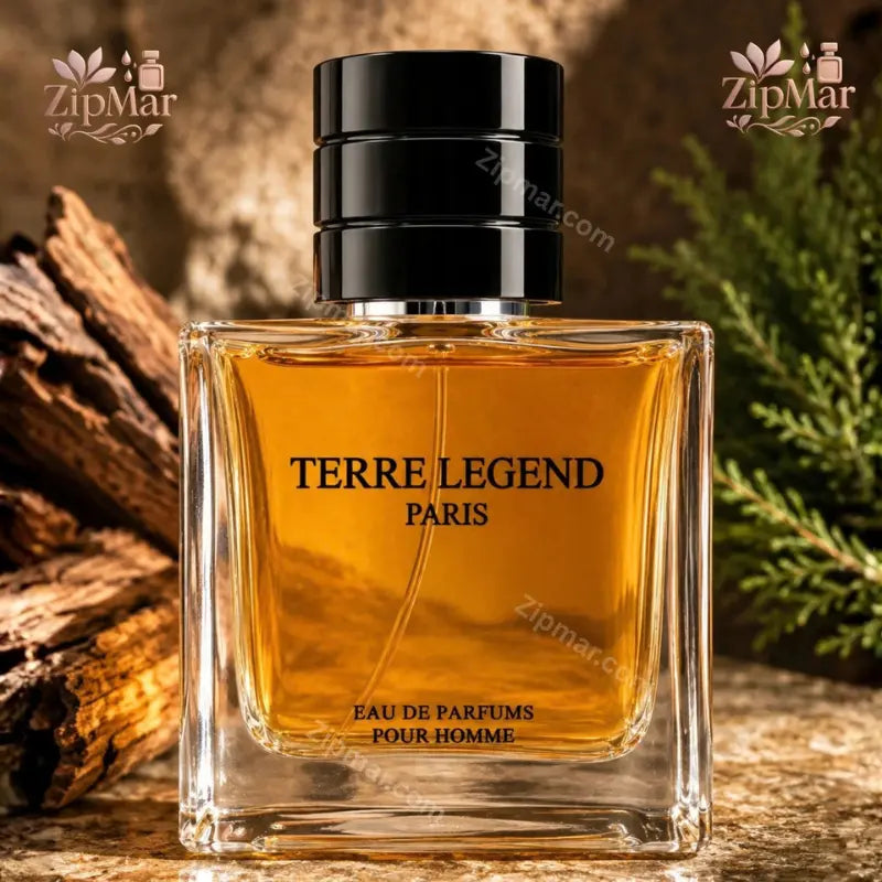 Terre Legend Paris EDP Pour Homme 100ml bottle front clear glass with amber juice and black cylindrical cap