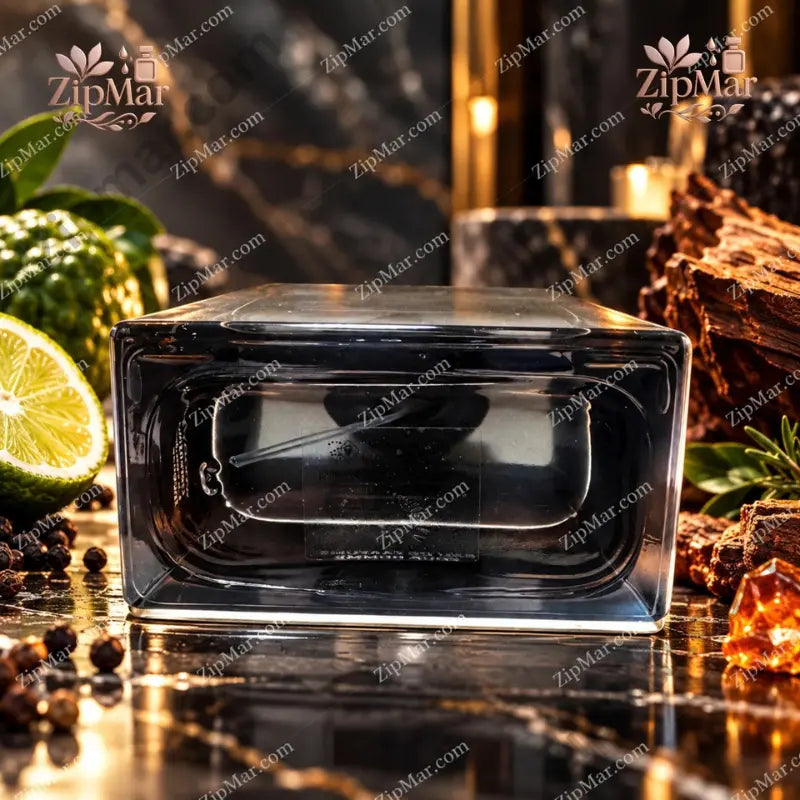 Bottom of Terre Signature Paris EDP bottle with product label, surrounded by bergamot, black pepper and wood lifestyle props