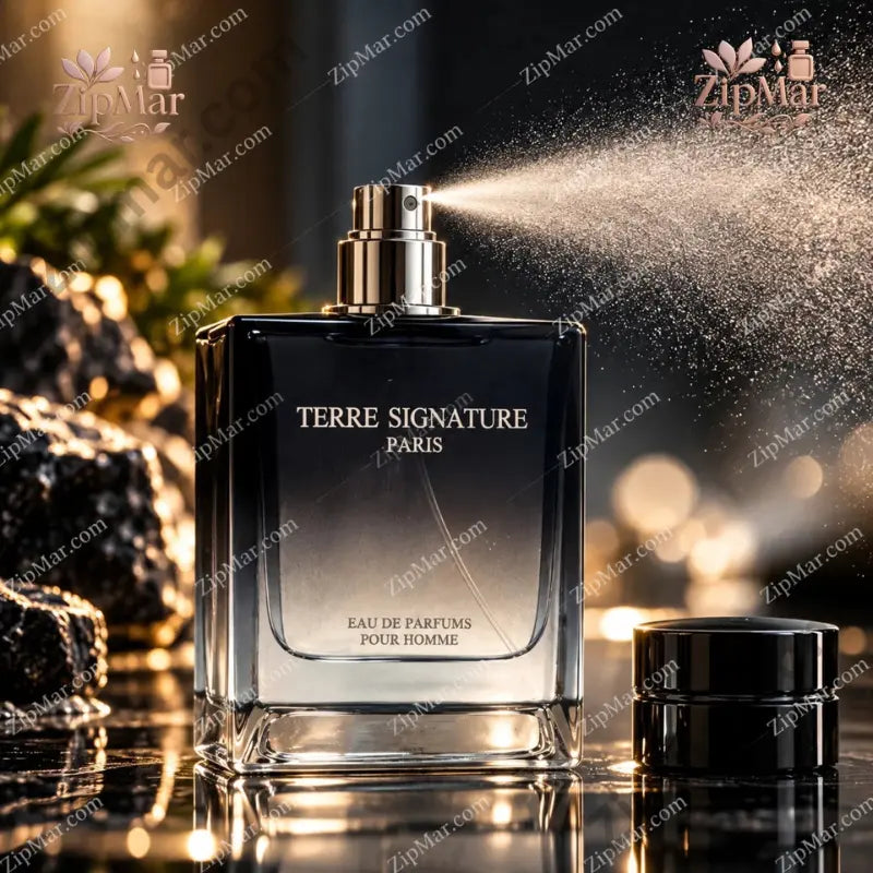 Terre Signature Paris Eau de Parfums Pour Homme spray in action dark bottle with silver pump, cap removed