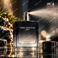 Thumbnail for Terre Signature Paris Eau de Parfums Pour Homme spray in action dark bottle with silver pump, cap removed