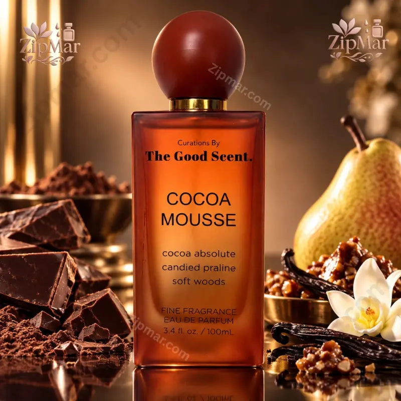 The Good Scent Cocoa Mousse Eau de Parfum 100 mL amber rectangular bottle with deep burgundy ball cap and gold collar front view