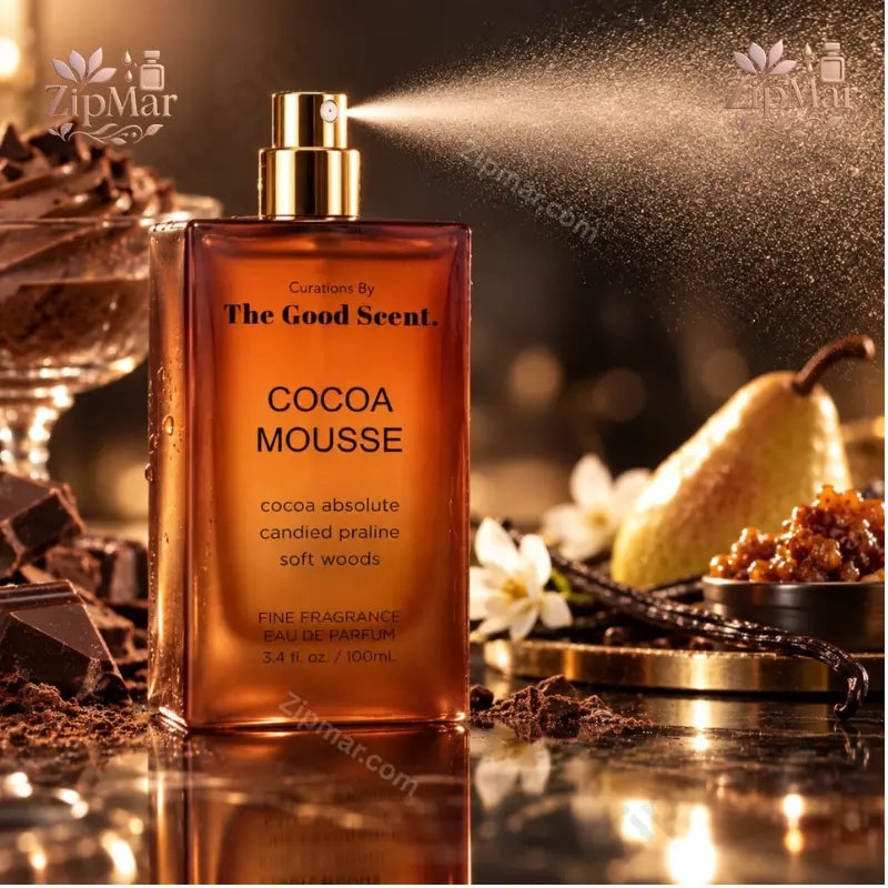 The Good Scent Cocoa Mousse Eau de Parfum 3.4 oz amber bottle actively spraying with gold nozzle surrounded by chocolate and vanilla