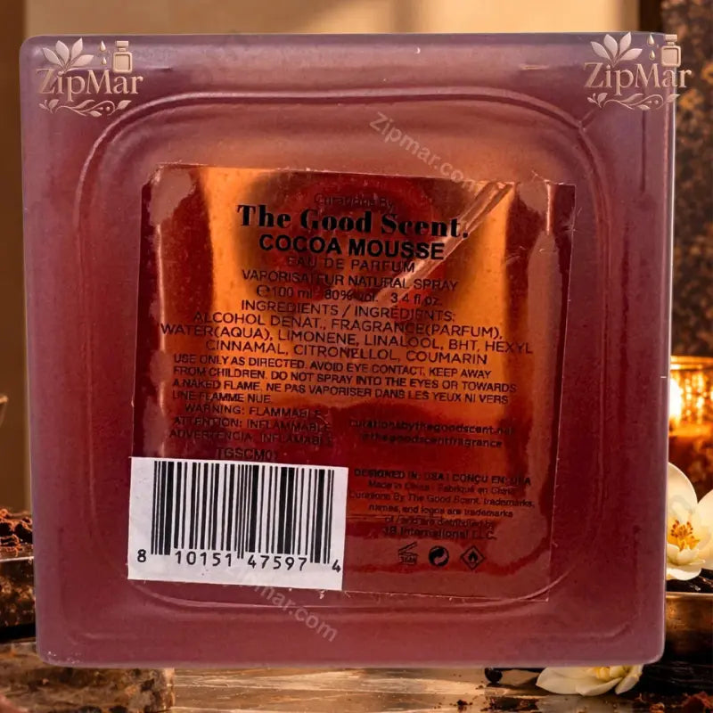 Back label of The Good Scent Cocoa Mousse Eau de Parfum 100 mL showing SKU TGSCM01, UPC barcode, and ingredient list