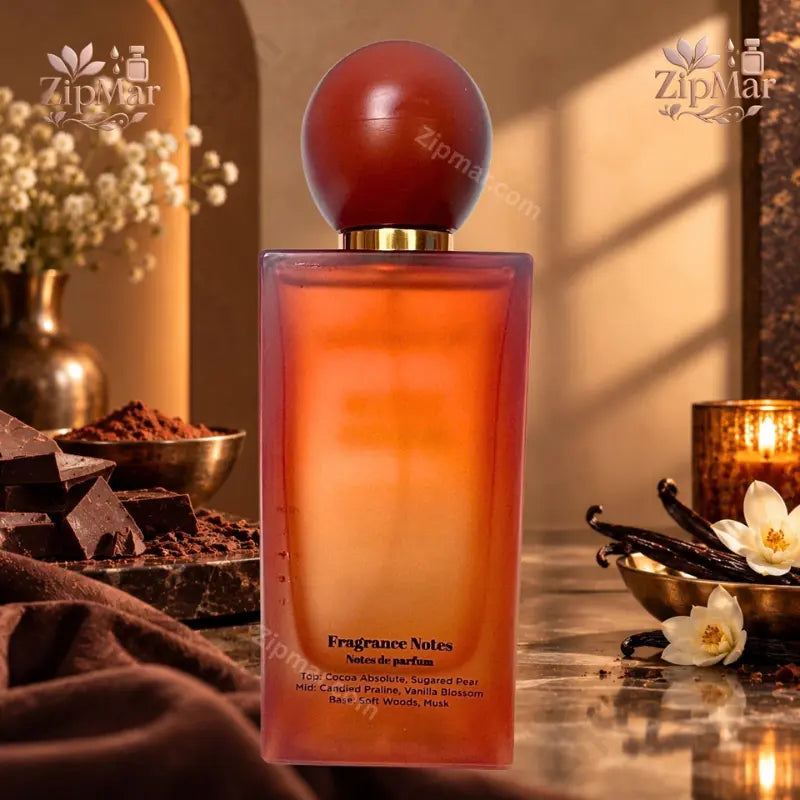 The Good Scent Cocoa Mousse Eau de Parfum fragrance notes showing top cocoa and pear, heart praline and vanilla blossom, base soft woods and musk