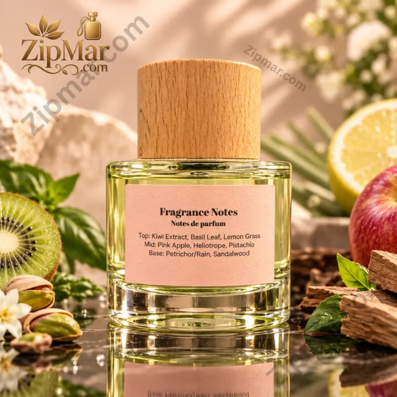The Good Scent. Good Karma EDP fragrance notes label surrounded by kiwi, pink apple, lemon, basil leaves, pistachios, jasmine and sandalwood wood full fragrance pyramid displayed on bottle back label