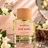Thumbnail for he Good Scent. Good Karma Eau de Parfum bottle with natural wood cap on marble surface surrounded by white jasmine flowers and textured wood log premium pink editorial lifestyle shot