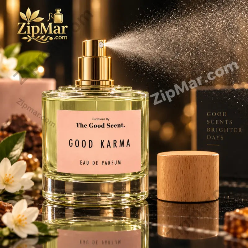 The Good Scent. Good Karma Eau de Parfum in mid-spray with gold metallic pump visible, cap placed beside bottle, against dark background with warm gold bokeh