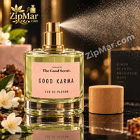 Thumbnail for The Good Scent. Good Karma Eau de Parfum in mid-spray with gold metallic pump visible, cap placed beside bottle, against dark background with warm gold bokeh