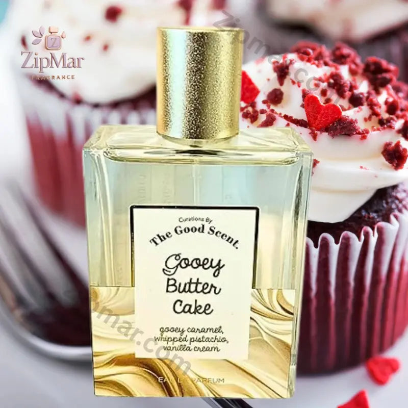 The Good Scent Gooey Butter Cake Eau de Parfum bottle with textured gold cap and gold swirl label art