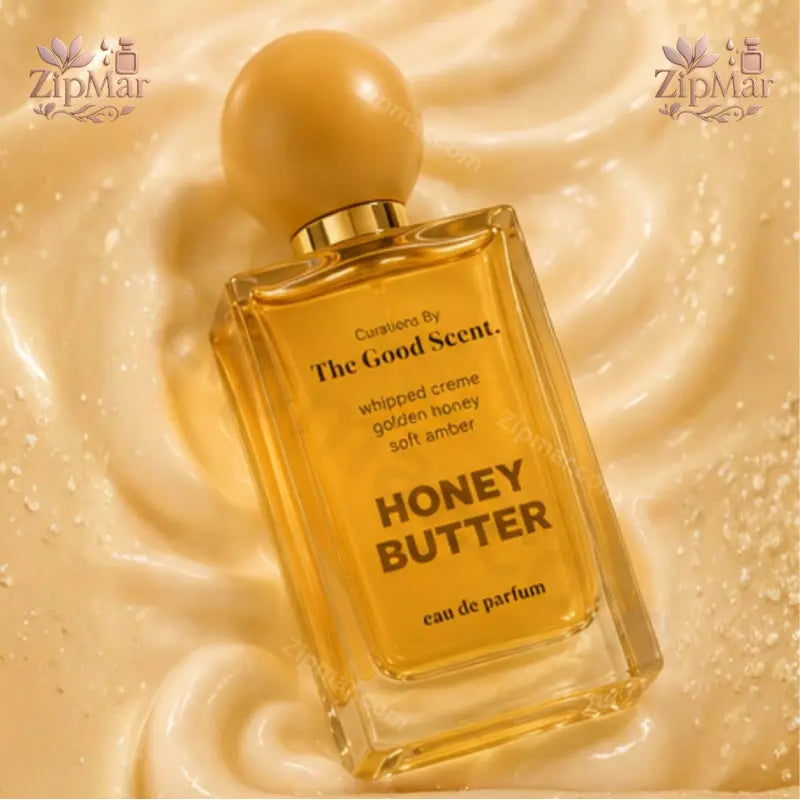 Front view of Honey Butter Eau de Parfum bottle on marble surface with honeycomb accent