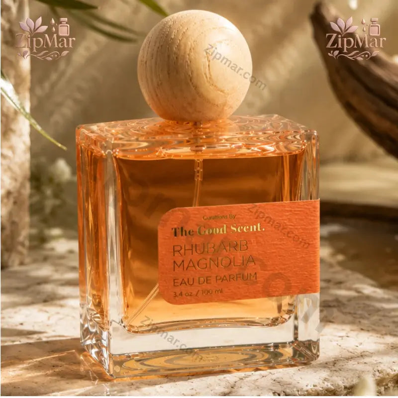 Glass bottom view showing UPC barcode 810151478135 and model code TGSRM01 for Rhubarb Magnolia EDP
