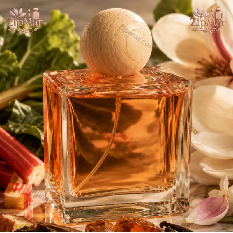 Fine spray mist view from gold nozzle on The Good Scent Rhubarb Magnolia bottle