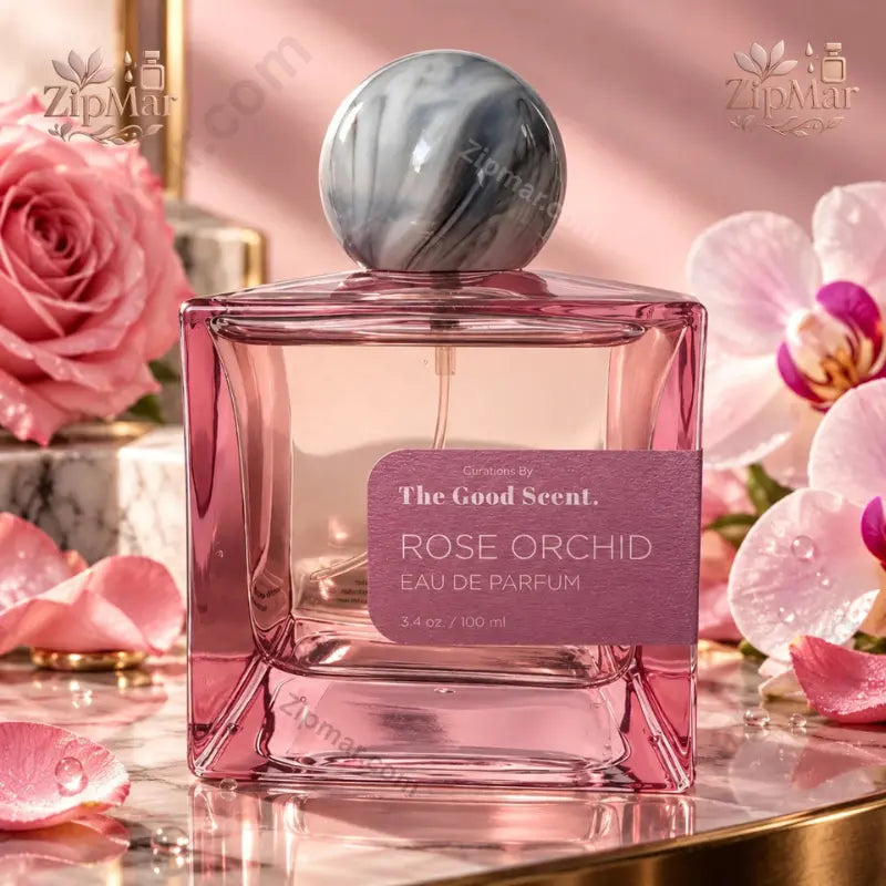 The Good Scent Rose Orchid Eau de Parfum 3.4 oz pink cube glass bottle with marbled grey ball cap front view with roses and orchids