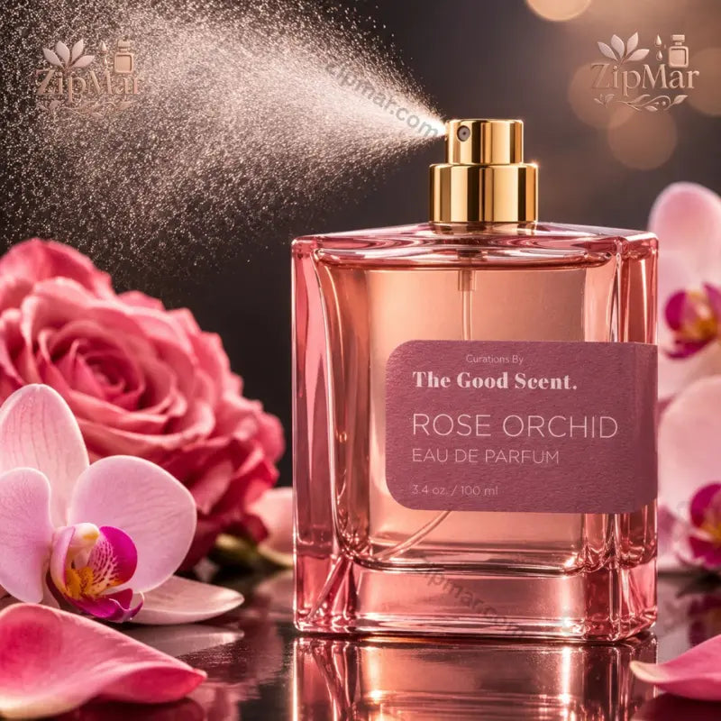 The Good Scent Rose Orchid Eau de Parfum 100 mL pink cube bottle spraying with gold nozzle surrounded by roses and orchids
