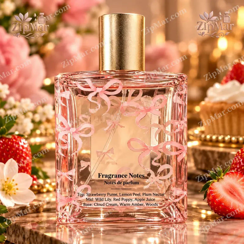 The Good Scent Strawberry Crème Patisserie Eau de Parfum pink bow pattern glass bottle with gold cap and fragrance notes list