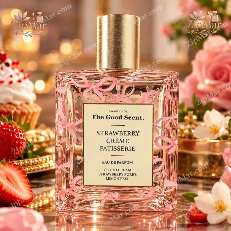 The Good Scent Strawberry Crème Patisserie Eau de Parfum 100 mL bottle with cream label, pink bows and gold cap