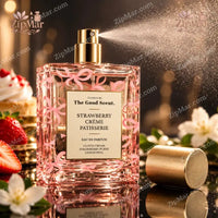 Thumbnail for The Good Scent Strawberry Crème Patisserie Eau de Parfum bottle with gold sprayer spraying a fine mist and gold cap beside it