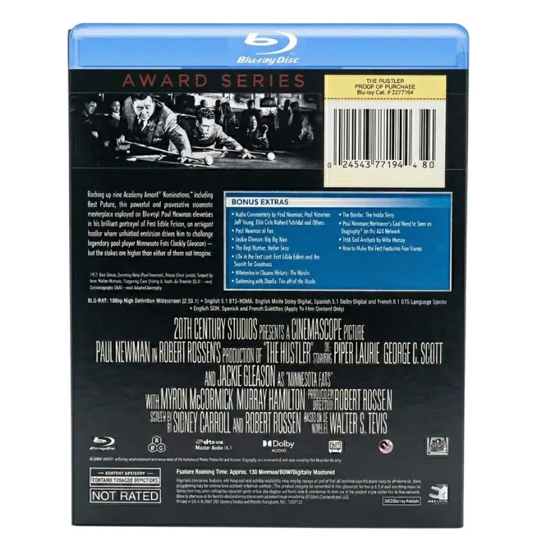 The Hustler 1961 Blu-ray Award Series back cover showing bonus extras cast credits audio specs 20th Century Studios