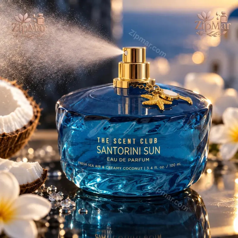 The Scent Club Santorini Sun Eau de Parfum 100 mL blue wave bottle spraying with gold nozzle and starfish charm visible