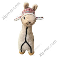 Thumbnail for Think Dog Land of Llamas plush llama dog chew toy front view — embroidered smiling face, fluffy cream body, and Andean patterned hat