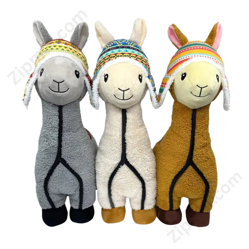 Think Dog Land of Llamas dog chew toy front view showing gray white cream and golden tan llama plush with chullo hats