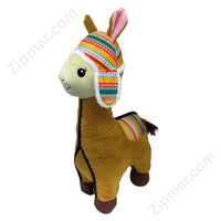 Thumbnail for Think Dog Land of Llamas golden tan llama dog chew toy 14 inch with colorful striped Andean chullo hat and saddle blanket
