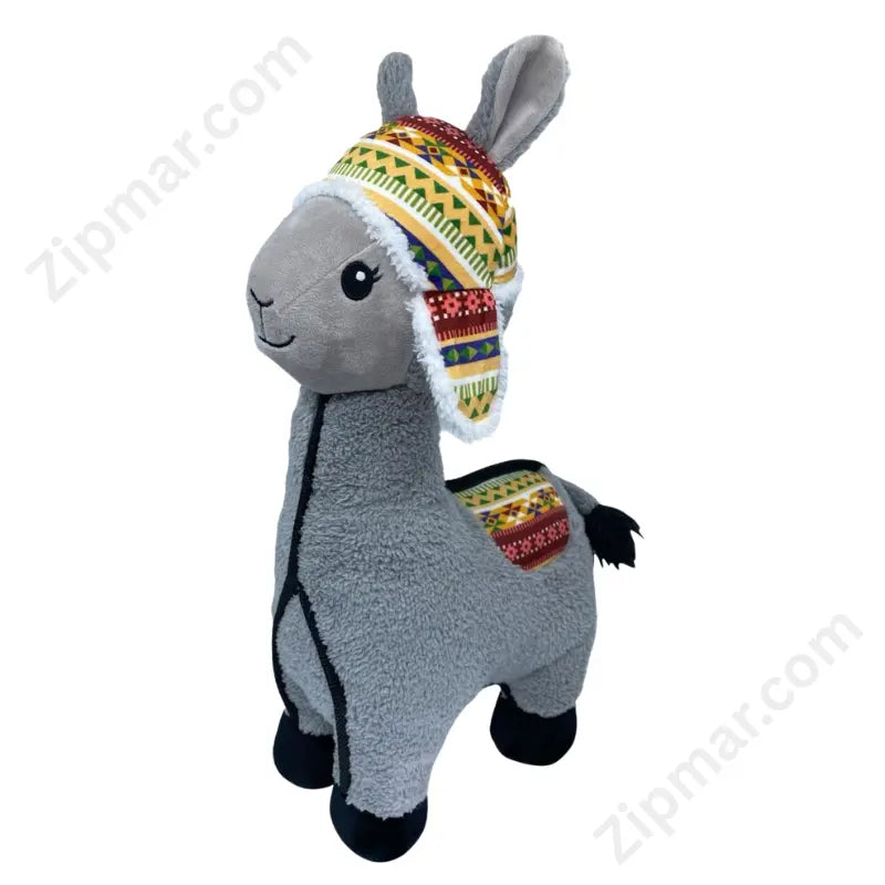 Think Dog Land of Llamas gray llama dog chew toy 14 inch with colorful triangle pattern Andean chullo hat and saddle blanket