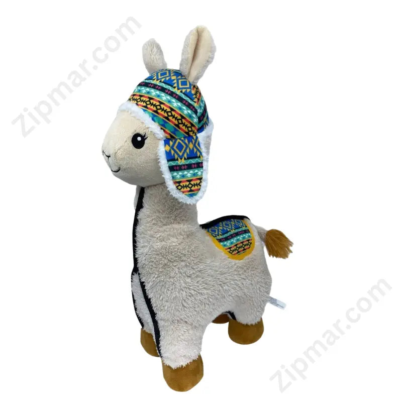 Think Dog Land of Llamas white cream llama dog chew toy 14 inch with geometric Aztec patterned chullo hat and saddle blanket