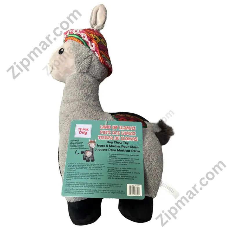 Think Dog Land of Llamas grey llama chew toy — alternate front angle highlighting Andean chullo hat with ear flaps