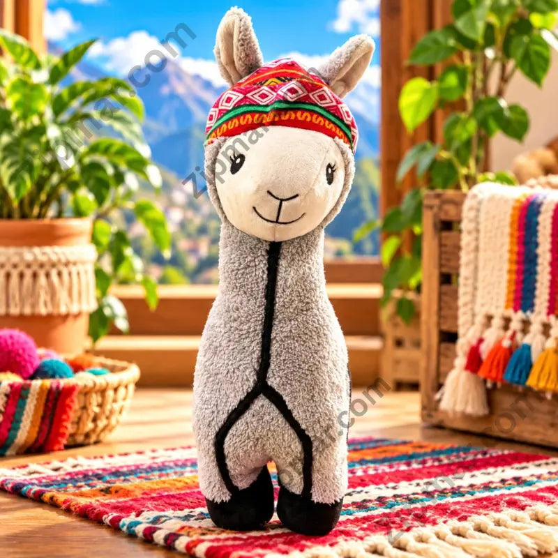 Think Dog Land of Llamas grey llama dog chew toy — 3/4 front view showing black hooves and vivid geometric hat