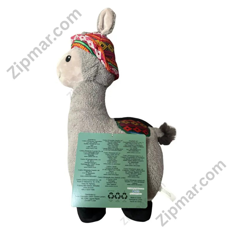 Think Dog Land of Llamas grey llama dog toy — rear view showing vivid geometric saddle and soft furry tail detail