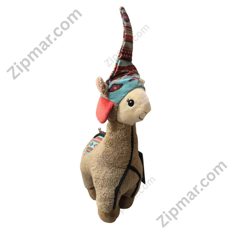 Think Dog Land of Llamas tan llama chew toy side profile highlighting teal Andean saddle blanket and pom-pom tail