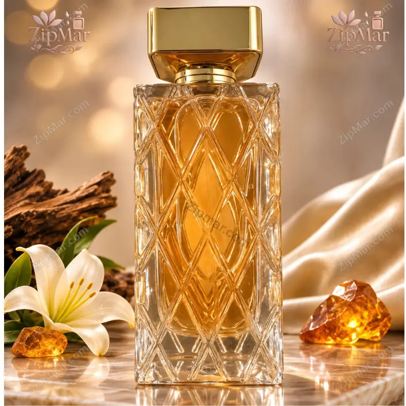 Timeless Amber II Eau de Parfum diamond cut glass bottle with gold cap beside lily and amber stones