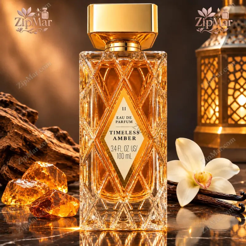 Timeless Amber II Eau de Parfum 3.4 fl oz 100 mL diamond cut glass bottle with gold cap and diamond label