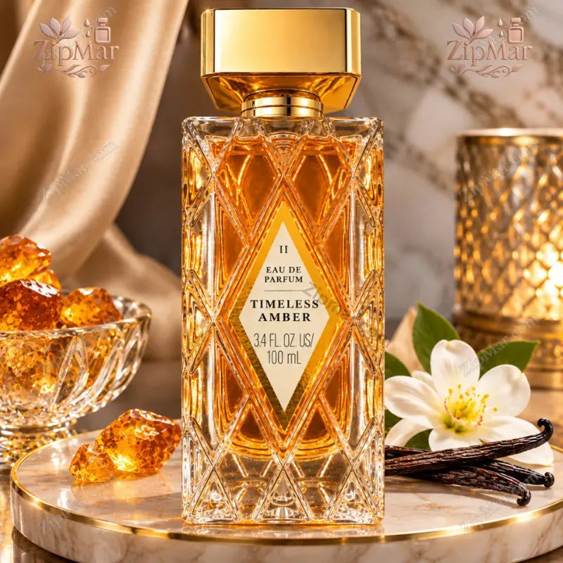 Timeless Amber II Eau de Parfum 3.4 fl oz 100 mL bottle with gold cap beside vanilla beans and amber