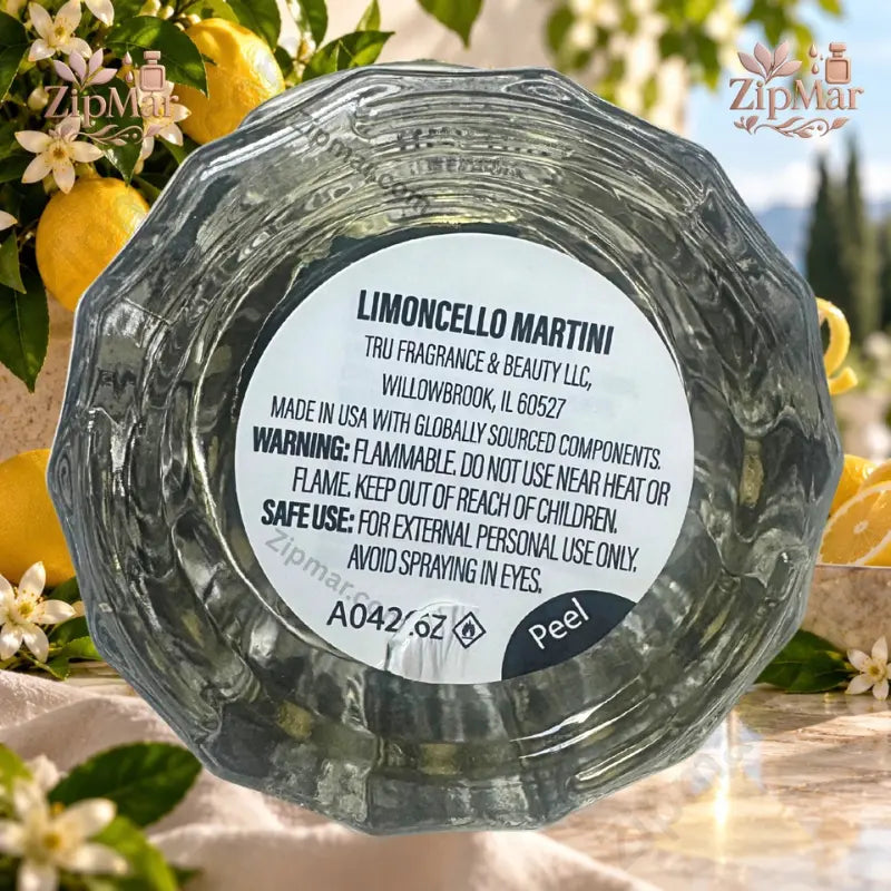 Bottom of Tini Perfumes Limoncello Martini Eau de Parfum 3.4 oz bottle showing manufacturer label — Tru Fragrance & Beauty LLC, Willowbrook IL
