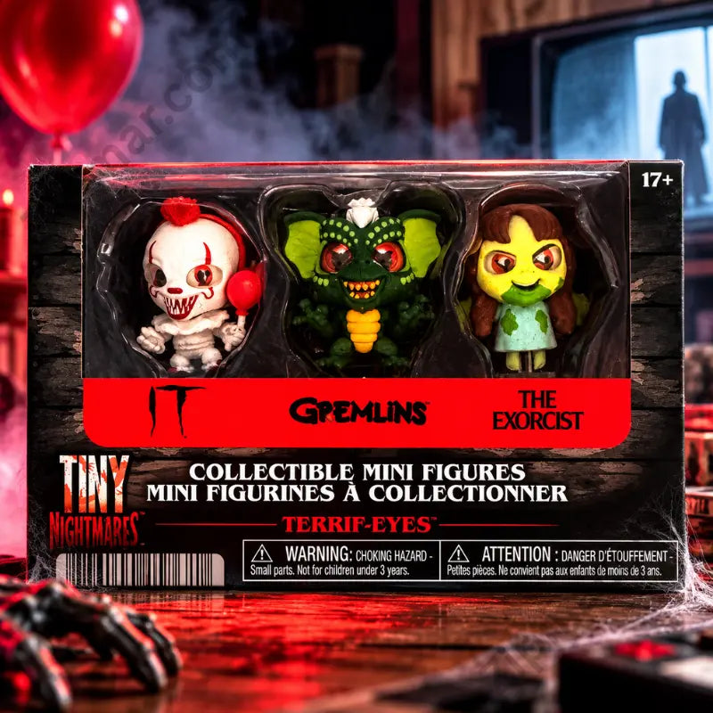 Just Play Tiny Nightmares Terrif-Eyes 3-Pack in horror-themed display box — IT, Gremlins and The Exorcist collectible mini figures, ages 17+