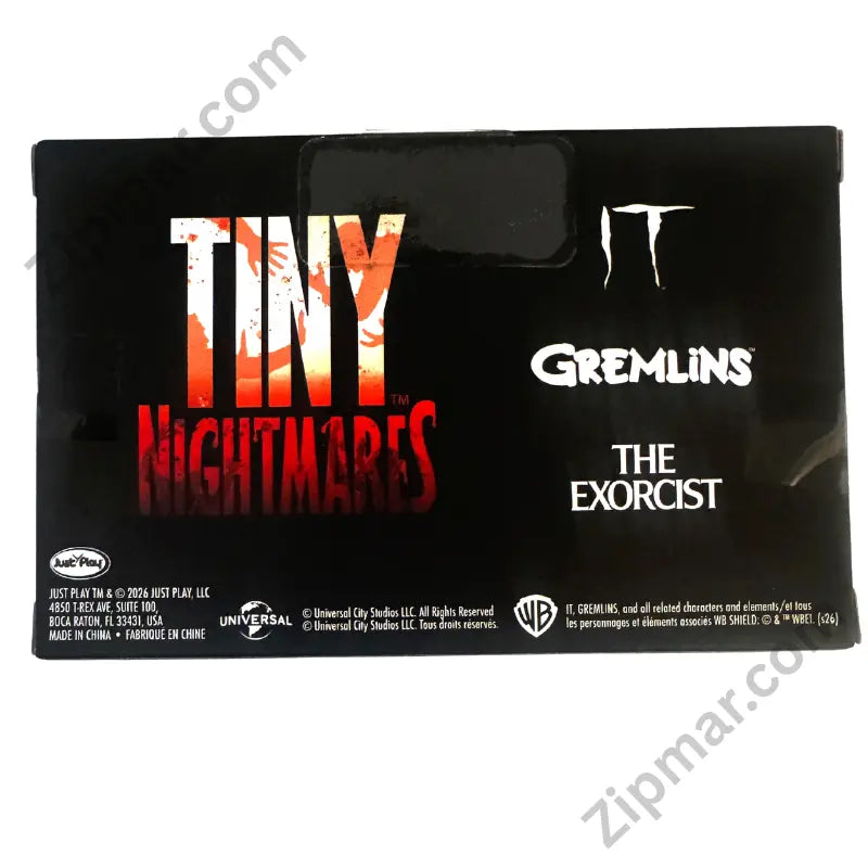 Just Play Tiny Nightmares Terrif-Eyes 3-Pack box front featuring IT, Gremlins and The Exorcist logos officially licensed horror collectible, ages 17+