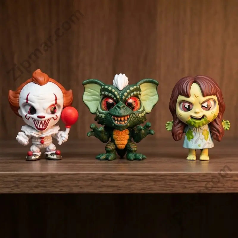 Tiny Nightmares Terrif-Eyes mini figures displayed on wood shelf — Pennywise from IT, Stripe from Gremlins, and Regan MacNeil from The Exorcist