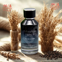 Thumbnail for Titanium Force Eau de Cologne 3.4 fl oz 100 mL bottle with black cap beside dried grass and peppercorns