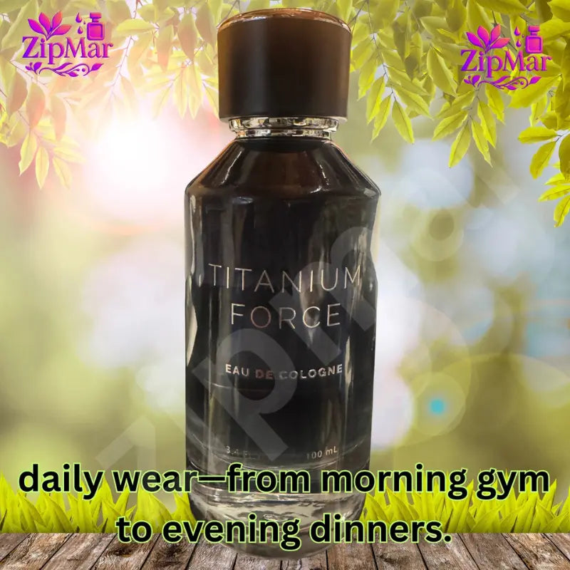 Titanium Force Eau de Cologne 100 mL dark glass bottle with black cap on a wood surface