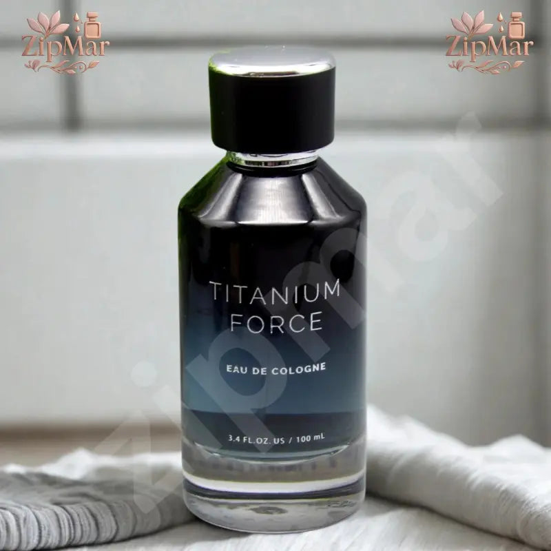 Titanium Force Eau de Cologne 3.4 fl oz 100 mL blue gradient bottle with black cap on a white towel
