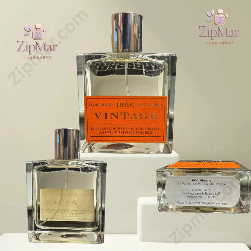 Tru Fragrance 1956 Vintage Eau de Cologne all angles showing front, back, and bottle bottom label
