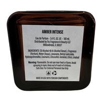 Thumbnail for Bottom of the bottle label for Amber Intense Eau De Parfum showing ingredients and 3.4 fl oz size