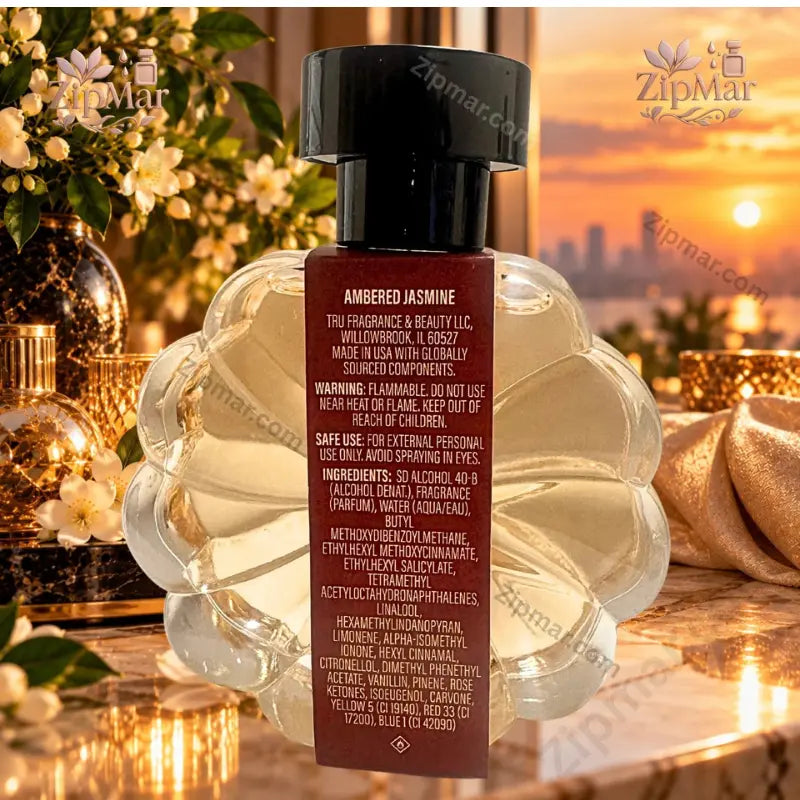Tru Fragrance Ambered Jasmine EDP back label showing Tru Fragrance Beauty LLC Willowbrook IL ingredients