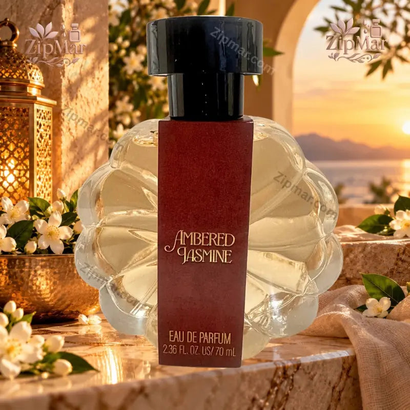 Tru Fragrance Ambered Jasmine Eau de Parfum 70mL scalloped glass bubble bottle with burgundy label and Moroccan lantern background