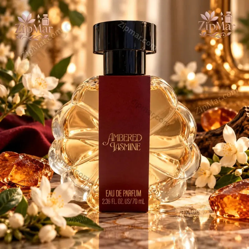 Tru Fragrance Ambered Jasmine Eau de Parfum scalloped bubble glass bottle with burgundy label and jasmine flowers