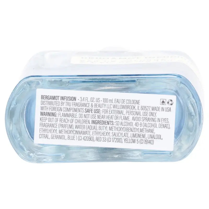 Front view of the clear glass bottle of Tru Fragrance Bergamot Infusion 100 ml cologne.