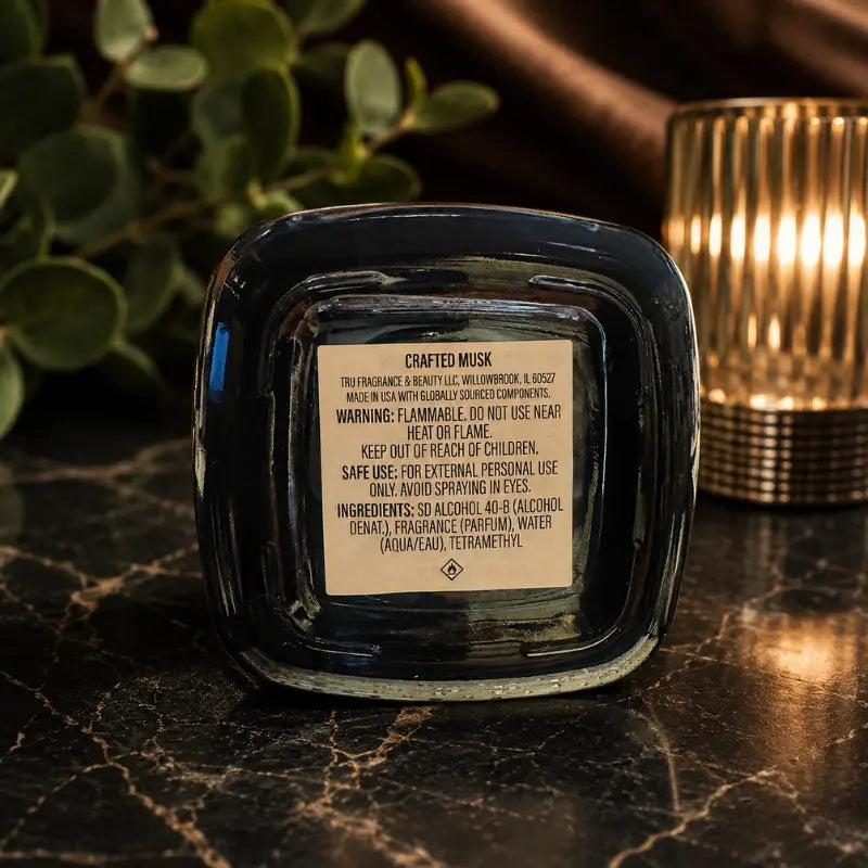 Tru Fragrance Crafted Musk Eau de Cologne 3.4 fl oz bottle styled with ingredients setup