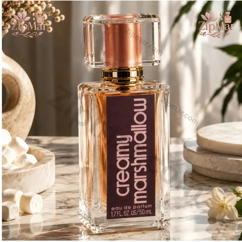 Full front view of Creamy Marshmallow perfume bottle set against rustic wooden background
